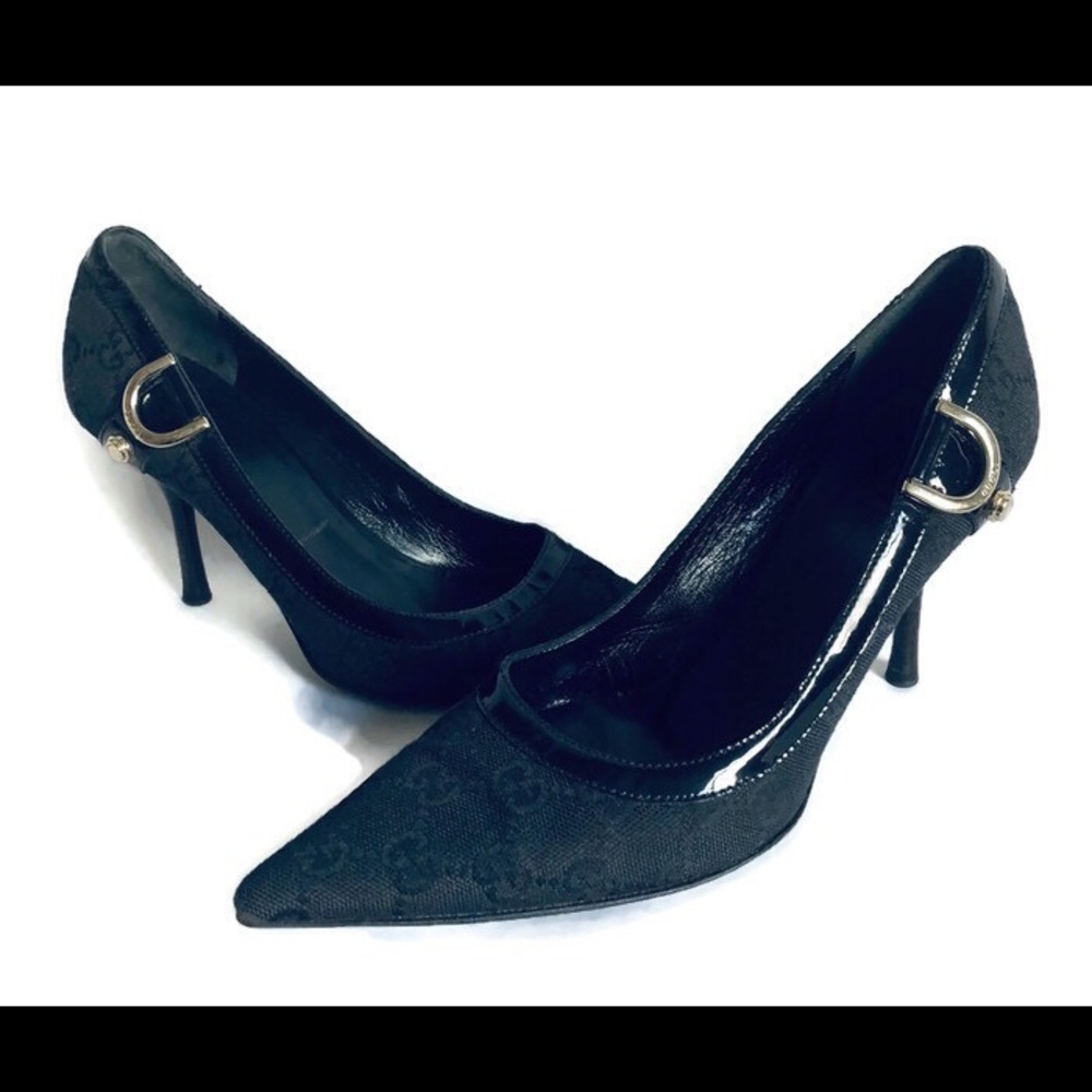 Gucci Black Monogram Nylon Pointed Heels Sz 7 1/2